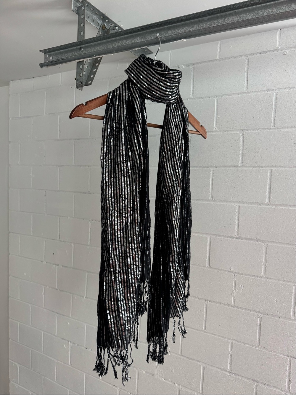 Black Metallic Silver Stripe Fringe Festival Scarf